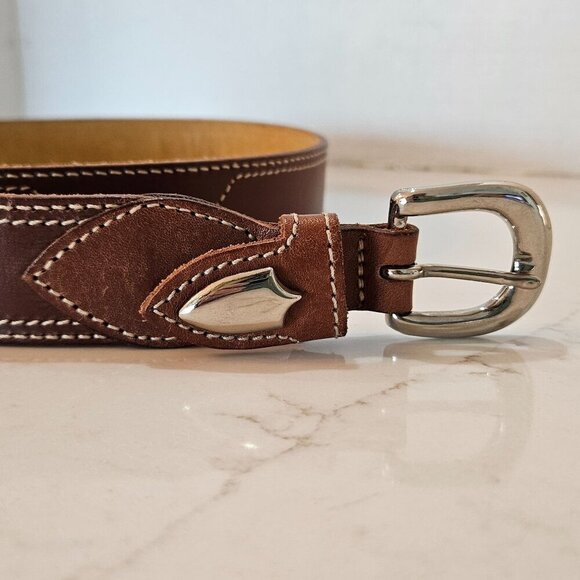 Cinderella Brown Leather Belt With Silver Buckle & Contrast Stitching M/L Size - Picture 2 of 9
